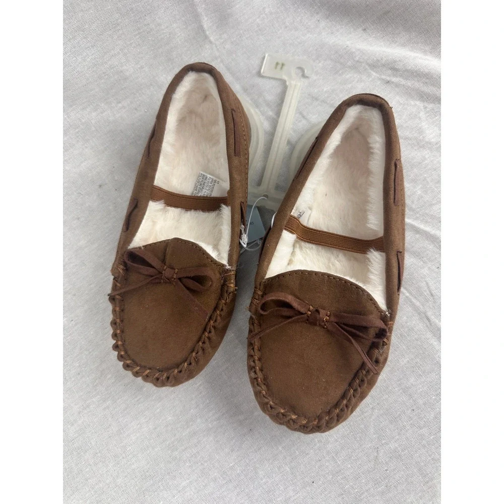 Cat & Jack Girls Chestnut Brown‎ Faux Fur Lined Moccasin Slippers Size 11 NWT